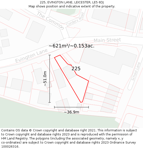 225, EVINGTON LANE, LEICESTER, LE5 6DJ: Plot and title map