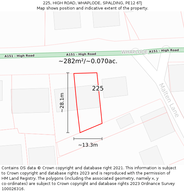 225, HIGH ROAD, WHAPLODE, SPALDING, PE12 6TJ: Plot and title map