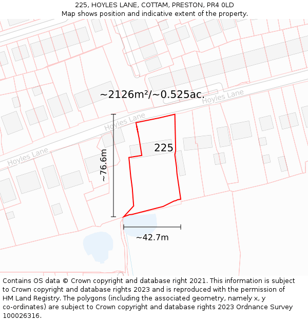 225, HOYLES LANE, COTTAM, PRESTON, PR4 0LD: Plot and title map