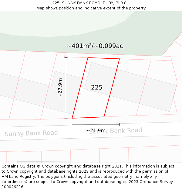 225, SUNNY BANK ROAD, BURY, BL9 8JU: Plot and title map