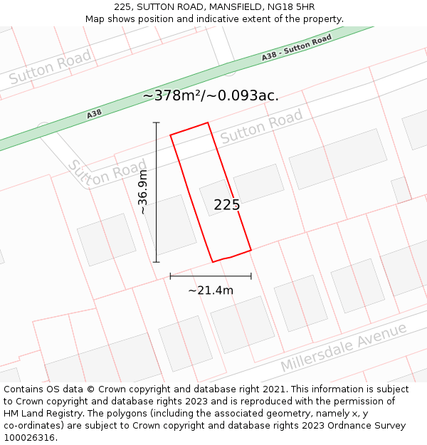 225, SUTTON ROAD, MANSFIELD, NG18 5HR: Plot and title map