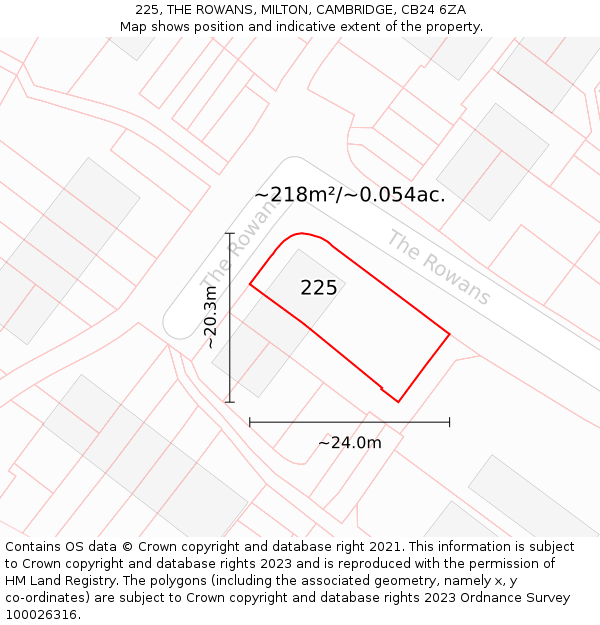225, THE ROWANS, MILTON, CAMBRIDGE, CB24 6ZA: Plot and title map