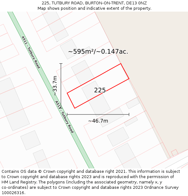 225, TUTBURY ROAD, BURTON-ON-TRENT, DE13 0NZ: Plot and title map