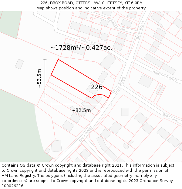 226, BROX ROAD, OTTERSHAW, CHERTSEY, KT16 0RA: Plot and title map