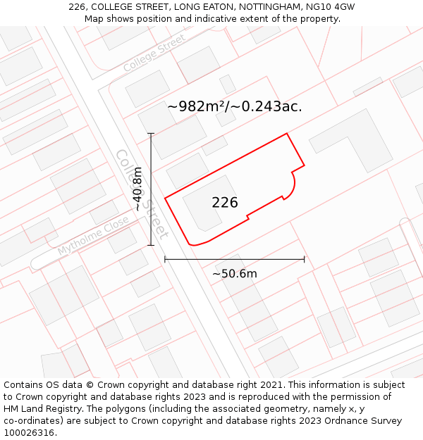 226, COLLEGE STREET, LONG EATON, NOTTINGHAM, NG10 4GW: Plot and title map