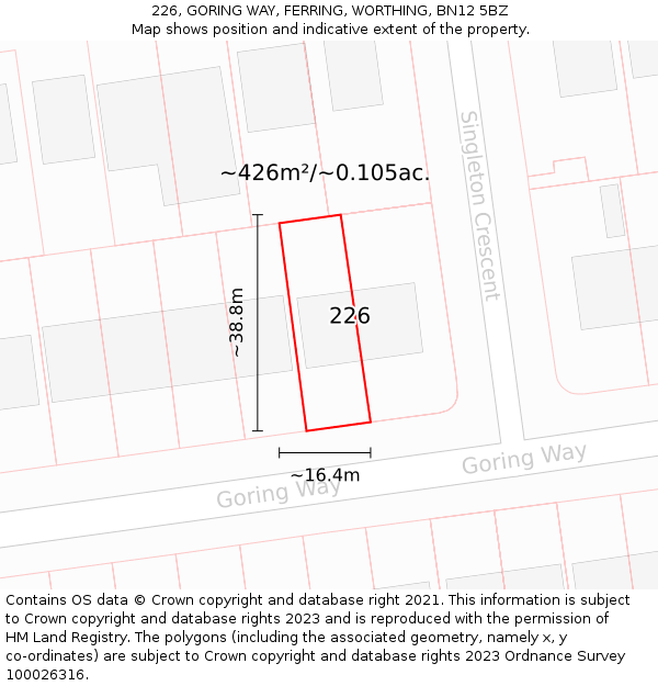 226, GORING WAY, FERRING, WORTHING, BN12 5BZ: Plot and title map