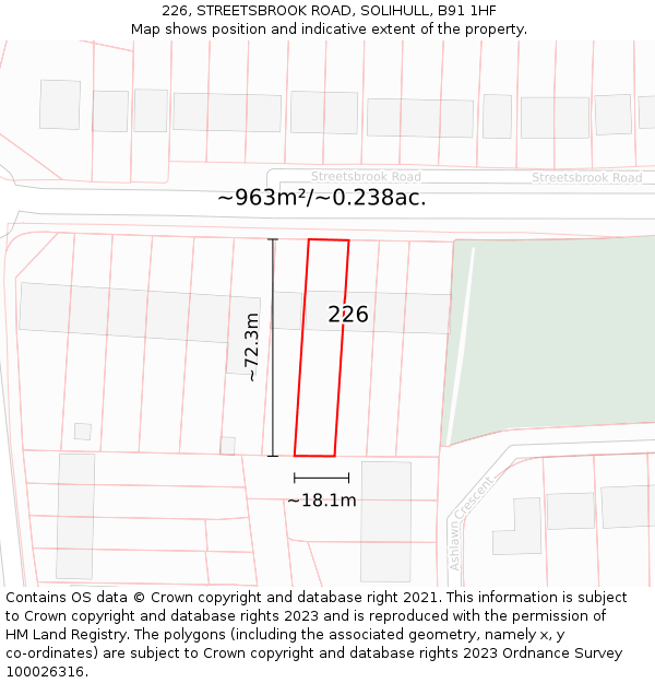 226, STREETSBROOK ROAD, SOLIHULL, B91 1HF: Plot and title map