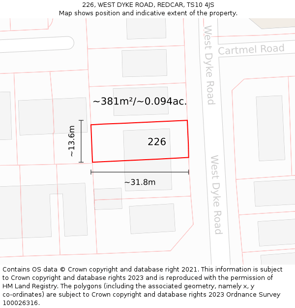 226, WEST DYKE ROAD, REDCAR, TS10 4JS: Plot and title map