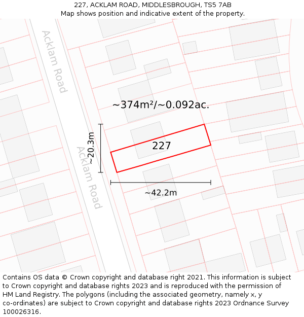 227, ACKLAM ROAD, MIDDLESBROUGH, TS5 7AB: Plot and title map