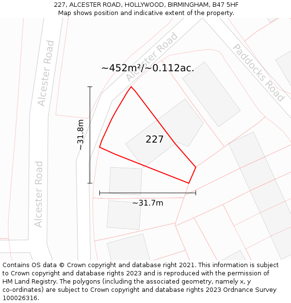 227, ALCESTER ROAD, HOLLYWOOD, BIRMINGHAM, B47 5HF: Plot and title map