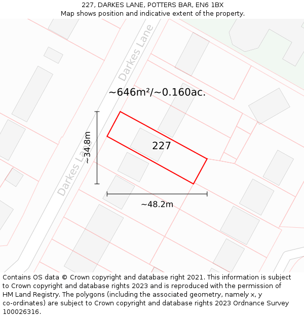 227, DARKES LANE, POTTERS BAR, EN6 1BX: Plot and title map