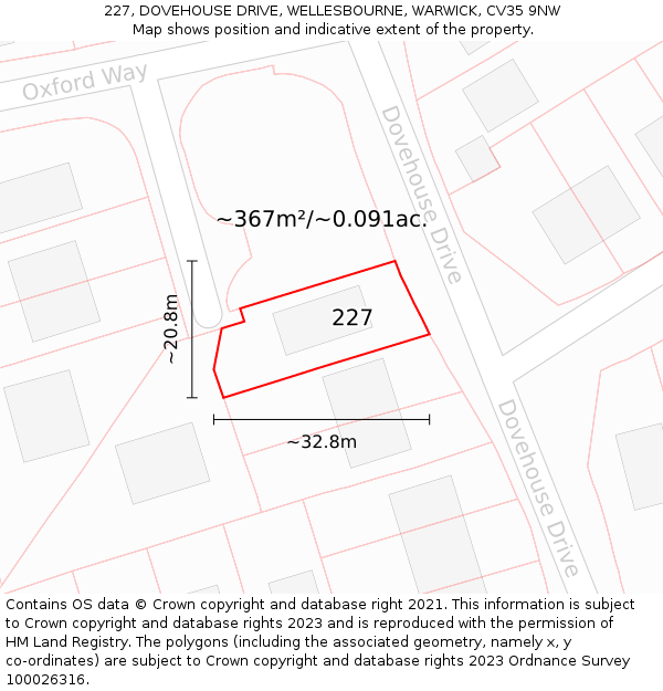 227, DOVEHOUSE DRIVE, WELLESBOURNE, WARWICK, CV35 9NW: Plot and title map