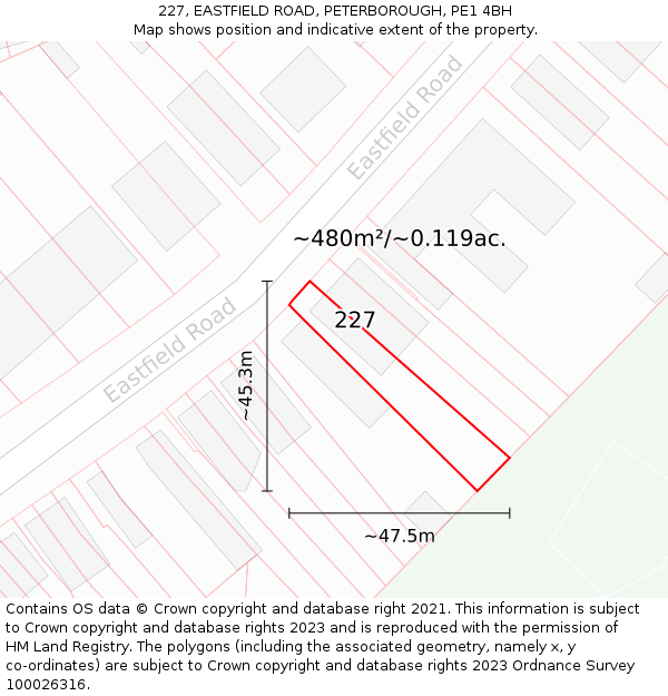 227, EASTFIELD ROAD, PETERBOROUGH, PE1 4BH: Plot and title map