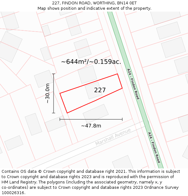 227, FINDON ROAD, WORTHING, BN14 0ET: Plot and title map