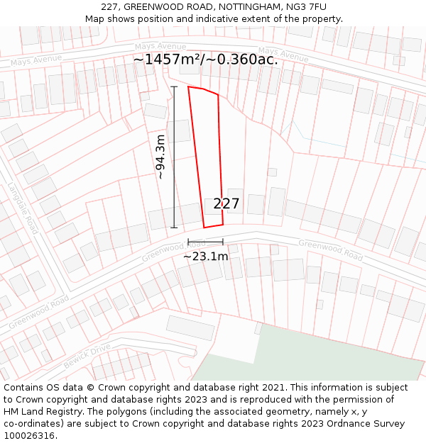 227, GREENWOOD ROAD, NOTTINGHAM, NG3 7FU: Plot and title map