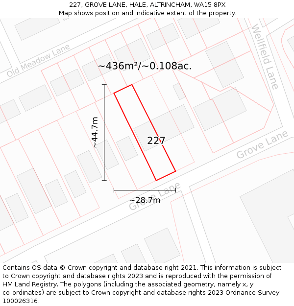 227, GROVE LANE, HALE, ALTRINCHAM, WA15 8PX: Plot and title map