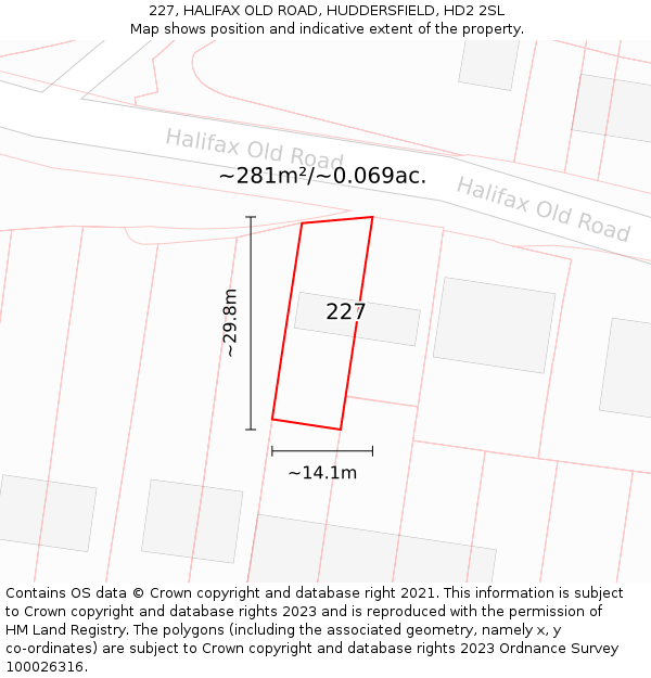 227, HALIFAX OLD ROAD, HUDDERSFIELD, HD2 2SL: Plot and title map