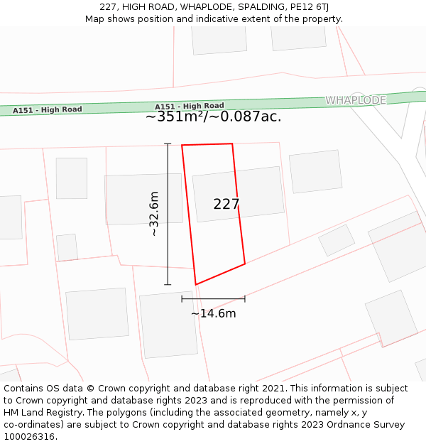 227, HIGH ROAD, WHAPLODE, SPALDING, PE12 6TJ: Plot and title map