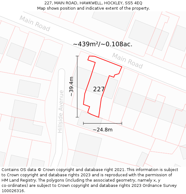 227, MAIN ROAD, HAWKWELL, HOCKLEY, SS5 4EQ: Plot and title map