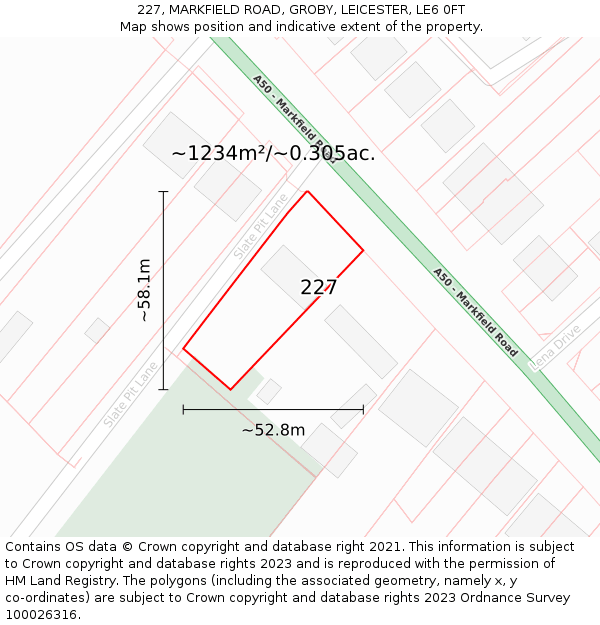 227, MARKFIELD ROAD, GROBY, LEICESTER, LE6 0FT: Plot and title map