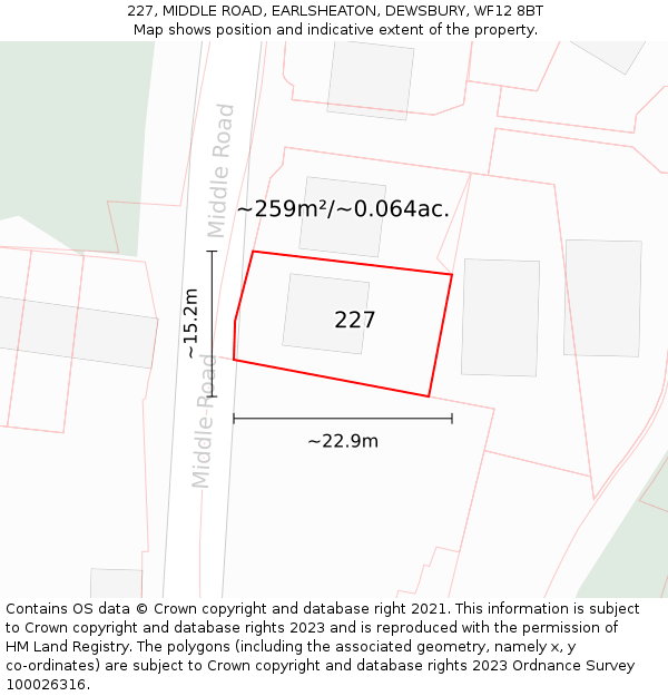 227, MIDDLE ROAD, EARLSHEATON, DEWSBURY, WF12 8BT: Plot and title map