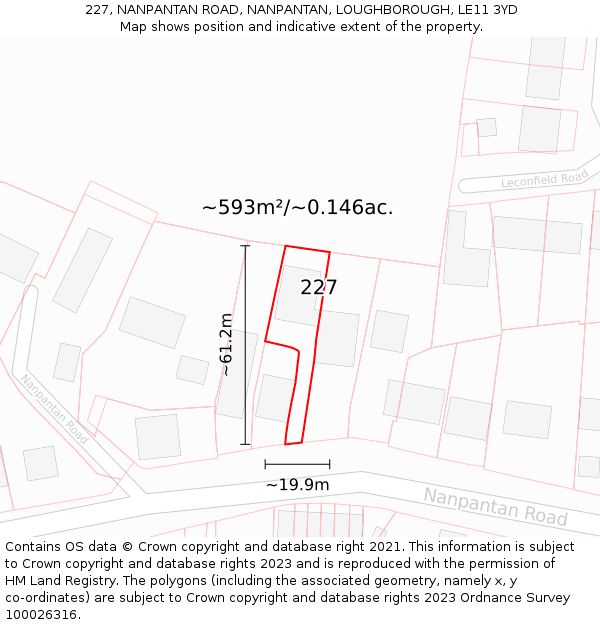 227, NANPANTAN ROAD, NANPANTAN, LOUGHBOROUGH, LE11 3YD: Plot and title map