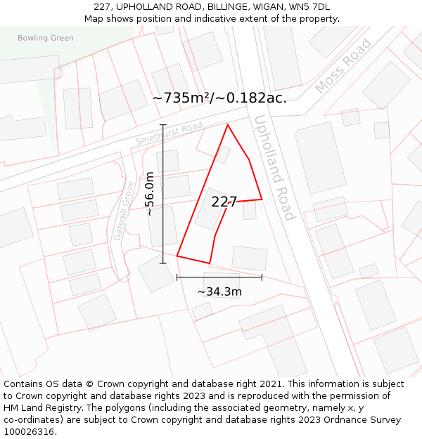 227, UPHOLLAND ROAD, BILLINGE, WIGAN, WN5 7DL: Plot and title map