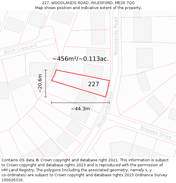 227, WOODLANDS ROAD, AYLESFORD, ME20 7QG: Plot and title map