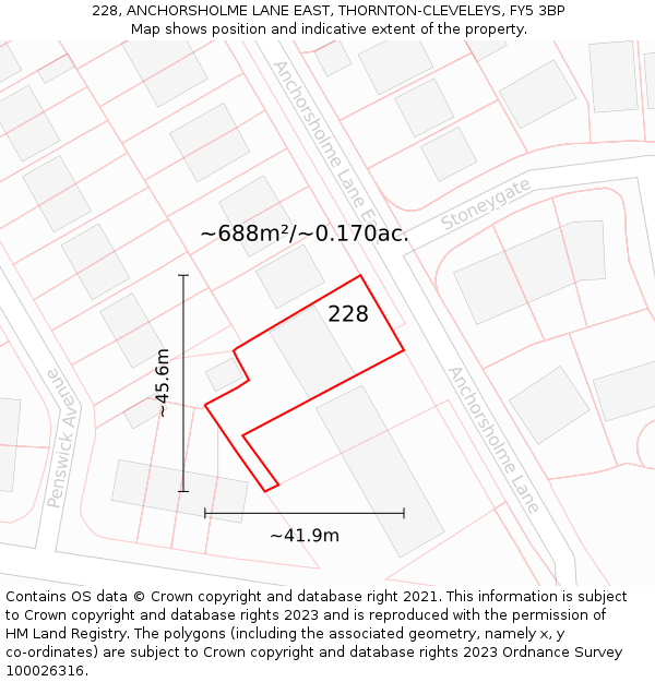 228, ANCHORSHOLME LANE EAST, THORNTON-CLEVELEYS, FY5 3BP: Plot and title map