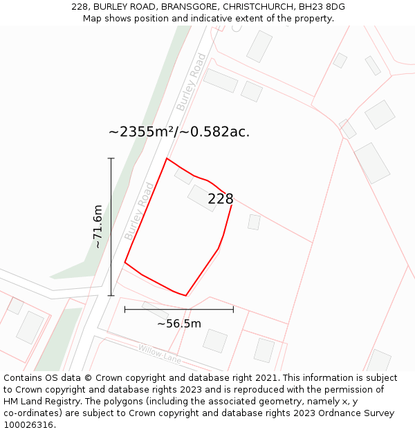 228, BURLEY ROAD, BRANSGORE, CHRISTCHURCH, BH23 8DG: Plot and title map