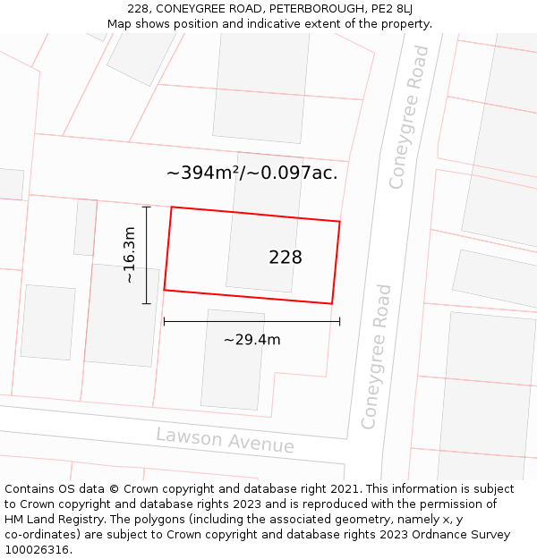 228, CONEYGREE ROAD, PETERBOROUGH, PE2 8LJ: Plot and title map