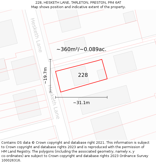 228, HESKETH LANE, TARLETON, PRESTON, PR4 6AT: Plot and title map