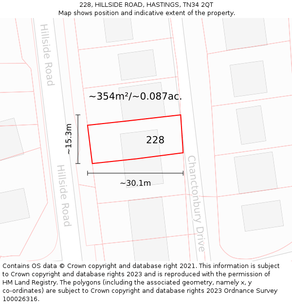 228, HILLSIDE ROAD, HASTINGS, TN34 2QT: Plot and title map