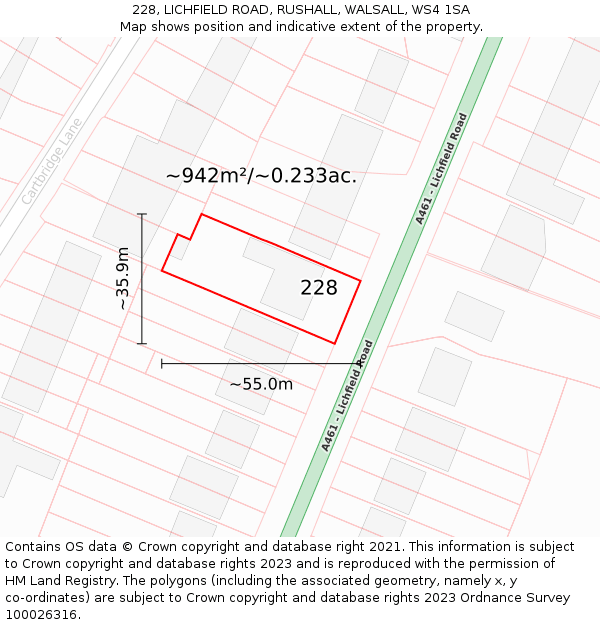 228, LICHFIELD ROAD, RUSHALL, WALSALL, WS4 1SA: Plot and title map