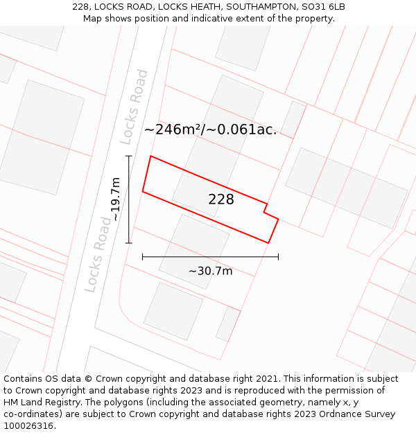 228, LOCKS ROAD, LOCKS HEATH, SOUTHAMPTON, SO31 6LB: Plot and title map