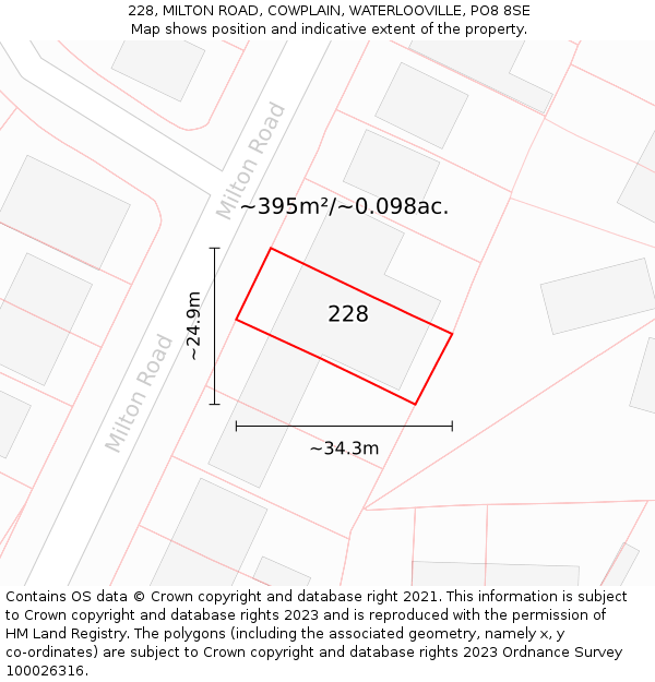 228, MILTON ROAD, COWPLAIN, WATERLOOVILLE, PO8 8SE: Plot and title map