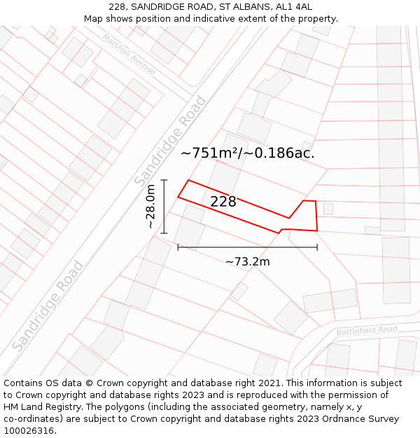 228, SANDRIDGE ROAD, ST ALBANS, AL1 4AL: Plot and title map