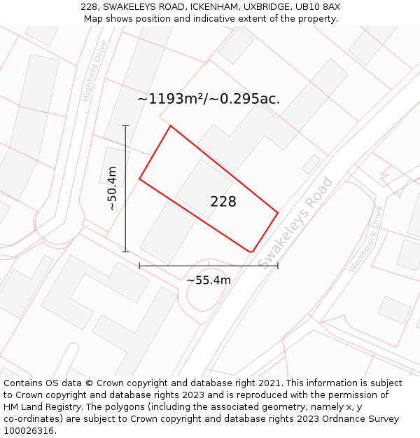 228, SWAKELEYS ROAD, ICKENHAM, UXBRIDGE, UB10 8AX: Plot and title map