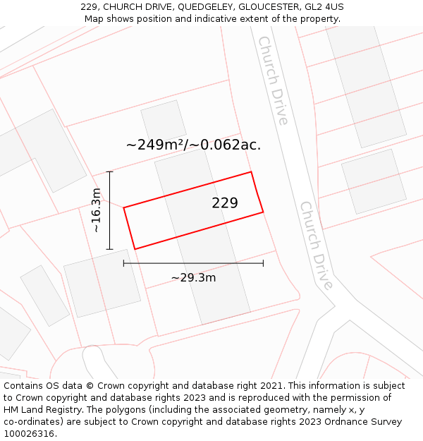 229, CHURCH DRIVE, QUEDGELEY, GLOUCESTER, GL2 4US: Plot and title map