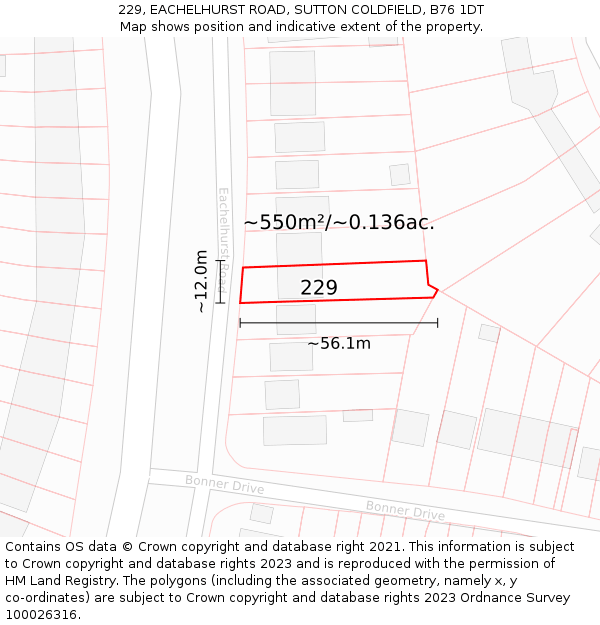 229, EACHELHURST ROAD, SUTTON COLDFIELD, B76 1DT: Plot and title map
