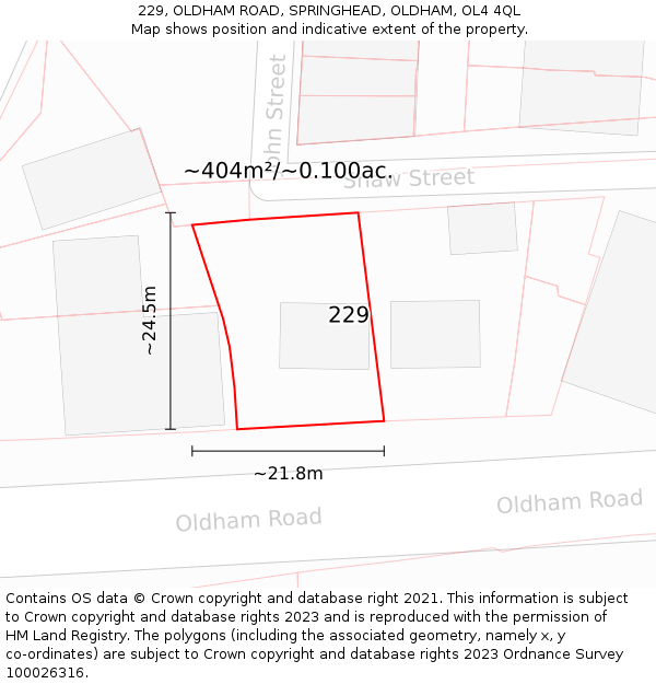229, OLDHAM ROAD, SPRINGHEAD, OLDHAM, OL4 4QL: Plot and title map