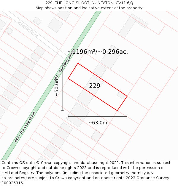 229, THE LONG SHOOT, NUNEATON, CV11 6JQ: Plot and title map