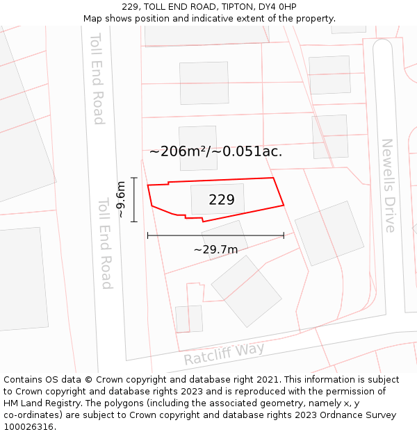229, TOLL END ROAD, TIPTON, DY4 0HP: Plot and title map