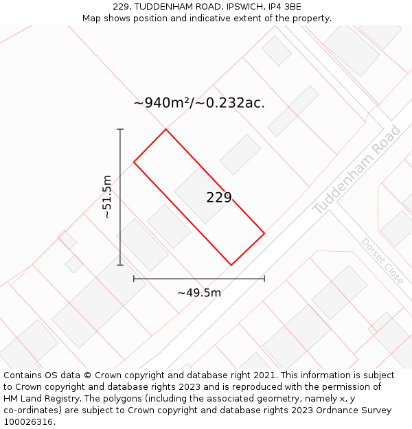 229, TUDDENHAM ROAD, IPSWICH, IP4 3BE: Plot and title map