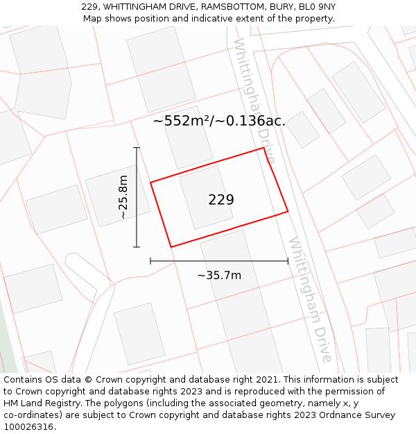 229, WHITTINGHAM DRIVE, RAMSBOTTOM, BURY, BL0 9NY: Plot and title map