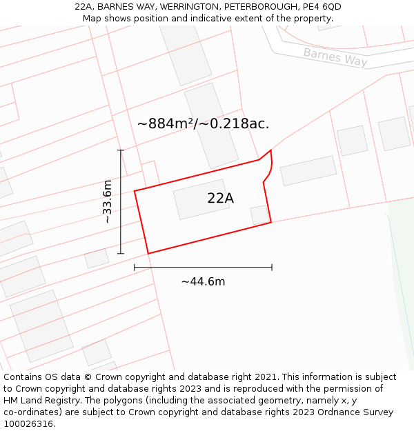 22A, BARNES WAY, WERRINGTON, PETERBOROUGH, PE4 6QD: Plot and title map
