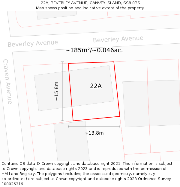 22A, BEVERLEY AVENUE, CANVEY ISLAND, SS8 0BS: Plot and title map