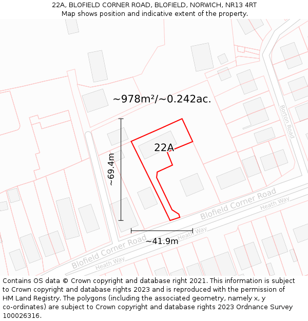 22A, BLOFIELD CORNER ROAD, BLOFIELD, NORWICH, NR13 4RT: Plot and title map