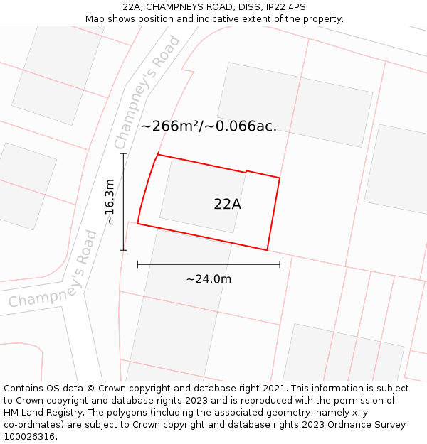 22A, CHAMPNEYS ROAD, DISS, IP22 4PS: Plot and title map