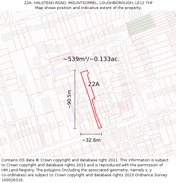 22A, HALSTEAD ROAD, MOUNTSORREL, LOUGHBOROUGH, LE12 7HF: Plot and title map